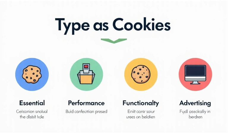 Representación visual de diferentes tipos de cookies: esenciales, de rendimiento, de funcionalidad y de publicidad.
