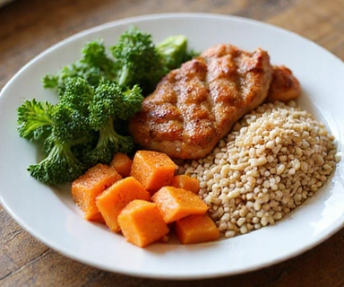 Un plato colorido y saludable con verduras frescas, proteínas magras y granos enteros, representando un plan de alimentación personalizado.
