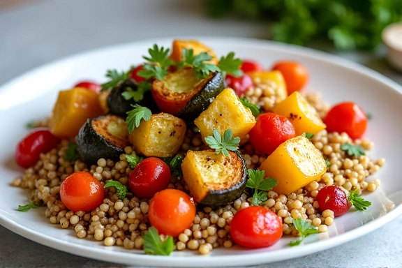 Un plato con coloridas verduras asadas y quinoa, que representa una comida saludable y fácil de preparar.