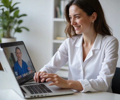 Una persona sonriendo mientras realiza una videollamada en su ordenador, simbolizando la comodidad de las consultas online.