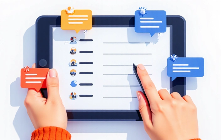 Ilustración de una persona rellenando un formulario digital en un dispositivo, con iconos de datos personales flotando alrededor