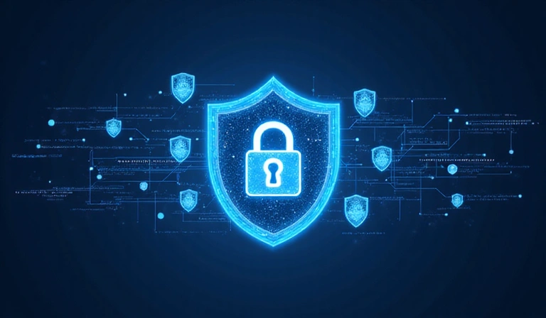 Ilustración de seguridad de datos con un candado digital y escudos protectores