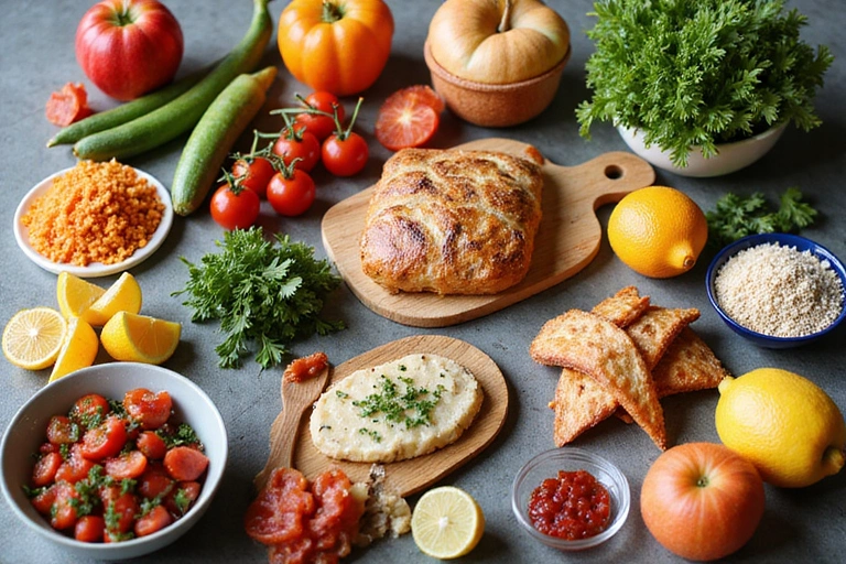 Variedad de alimentos saludables y coloridos en un plan de alimentación organizado