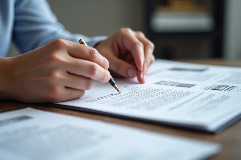 Persona leyendo un documento legal con concentración